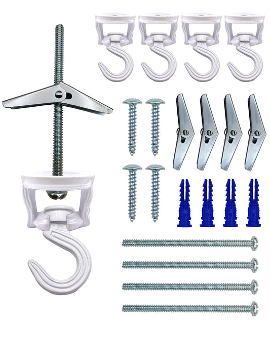 Swivel Swag Hooks for Ceiling Hanging - Heavy Duty Ceiling Hangers for Plants & Lights - Zinc Bolt Hook Installation for Cavity Wall Fixing (White 4 Pack)