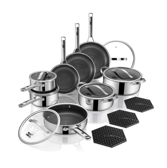 Pots and Pans Set Hybrid Stainless Steel, 17PC Nonstick Tri-Ply Cookware Set w/Frying pan, Dishwasher & Oven Safe, PFOA-Free, Metal Utensil Safe, Suitable for All Cooktops