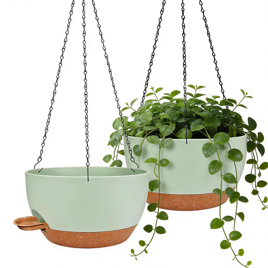 CNLBO 12 Inch Self Watering Hanging Planters 2 Pack, Indoor Outdoor Hanging Pots for Plants with Drainage Holes & Saucers, Green Brown Plastic Hanging Baskets for Kitchen Balcony Garden