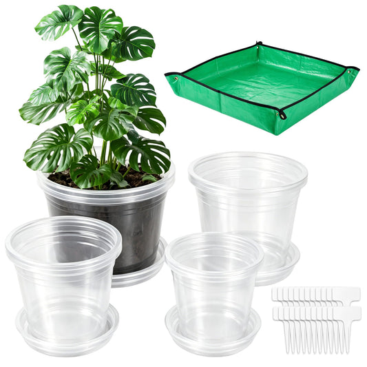QTRQTR 12 Pack 5.75/7/8/10 Inch Large Clear Nursery Pots with Drainage Clear Plastic Pots for Plants Seedling Flower Vegetables Orchids Indoor Outdoor Gardening with Repotting Mat and Plant Labels