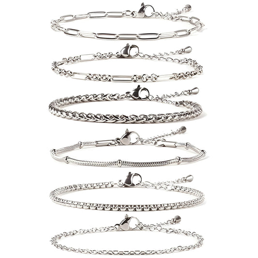 Cherry Tree Collection Stainless Steel Bracelets for Women | Stackable Bracelet Set of 6 Silver | (6-7.5") To Fit Most Wrists | Stainless Steel Charm Bracelet | Fashion Accessories Jewelry