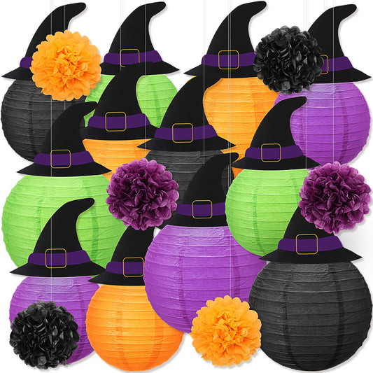 Retisee 18 Pcs Halloween Paper Lanterns Halloween Hanging Decorations Hanging Paper Lanterns with Witch Hat for Festival Indoor Outdoor Spooky Home Decor Party Supplies Props