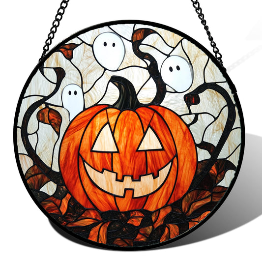 HWRHTR Stained Glass Window Hanging - Halloween Decorations Pumpkin Ghost Suncatcher for Doors Garden Indoor Spooky Funny Orange Sun Catchers Gothic Decor Horror Gifts for Women Men Friend 11.8 in