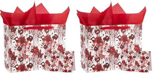 WRAPAHOLIC Bloody Halloween Large Gift Bags with Tissue Paper and Card - 10 x 5 x 13 inch - Spooky Blood Splatter and Handprint Halloween Paper Bags for Holiday, Party Gift Wrap (Pack of 2)