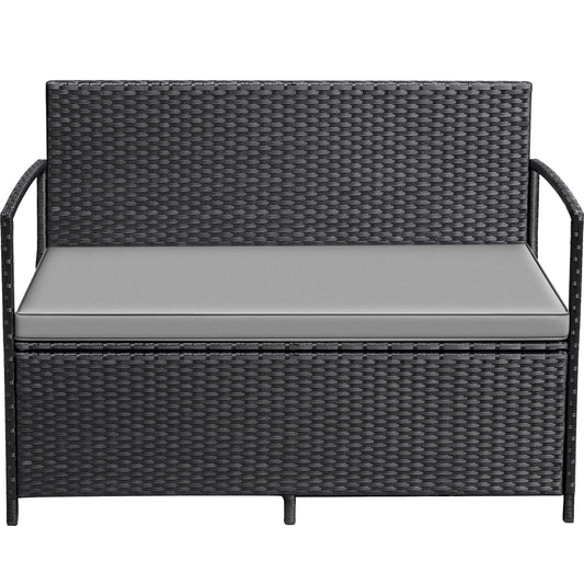 Greesum Patio Loveseat PE Rattan Wicker Outdoor Furniture with Soft Cushions & Built-in Storage Space for Lawn Garden Backyard, Black