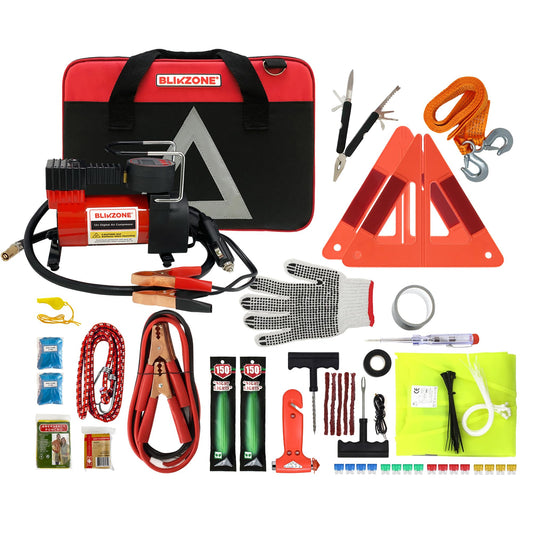 BLIKZONE Red Car Emergency Kit for Vehicles Road Trip, with All the Essentials as Flat Tire Repair, Jumper Cables, Digital Air Compressor, Multitool and All the Car Safety Accessories