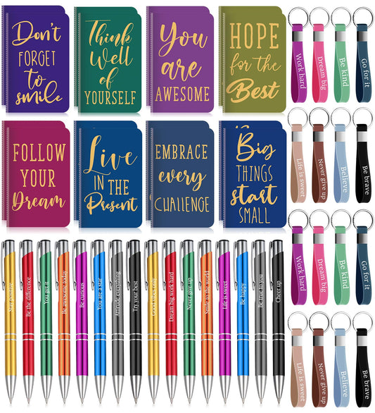 PerKoop 48 Pcs Inspirational Gifts Set Inspirational Quote Notepads 3 x 5 Inch Motivational Ballpoint Pens Keychains Bulk Colorful Journal Notebooks for School Office Party Favor Supplies