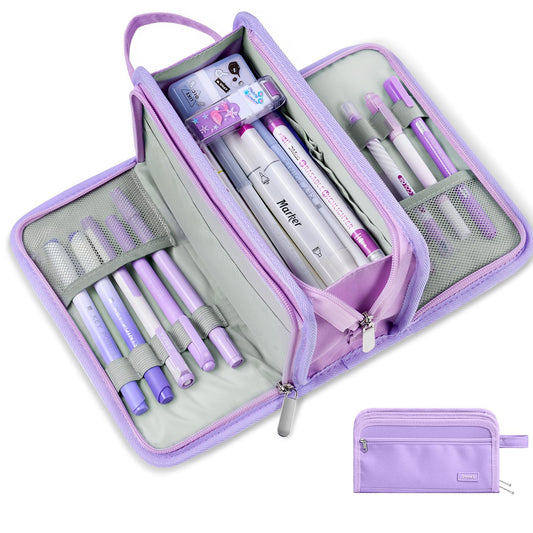 Sooez Large Pencil Case, Big Capacity Pencil Pouch Pen Bag with 3 Compartment, Portable Canvas Stationery Organizer with Zipper, Cute Aesthetic School Supplies for Teen Girls College, Pure Purple