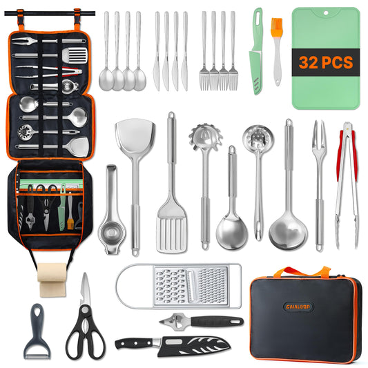GAIALOOP Camping Cooking Utensils Set 32 PCS Camp Kitchen Cookware Kit with Organizer Bag, Portable RV Camping Essentials Camper Must Haves for Cookouts Open Fire Pit
