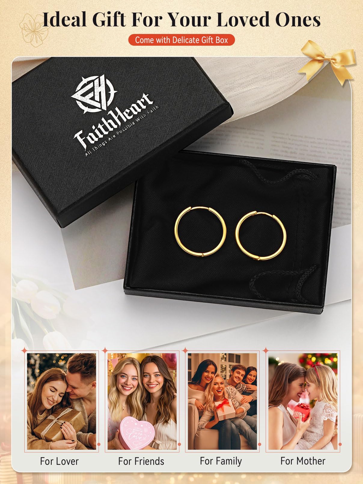 FaithHeart Hoop Earrings for Women, Black Hypoallergenic Huggie Hoop Earrings, Small Cartilage Earrings for Women 8mm, Send Gift Box