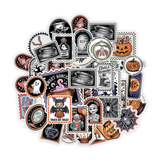 60Pcs Halloween Stickers Pack – Cute Spooky Stamps with Ghosts, Pumpkins, Witches, Haunted Houses, Candies, Clowns, and More – Perfect for Scrapbooking, Water Bottles, Journals, and Gift Decorations