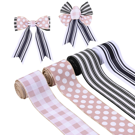 Ribreeze 20 Yards Wired Ribbon 4 Rolls Black White Stripe Dot Ribbon 2.5 Inch for Wreaths DIY Present Wrapping Floral Bow Craft Deco