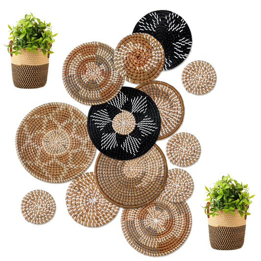 Xuhal 15 Pcs Boho Wall Basket Decor Handcrafted Seagrass Woven Wall Basket Rustic Round Woven Hanging Art for Home Farmhouse Kitchen Table Living Room (Dark Colors Style)