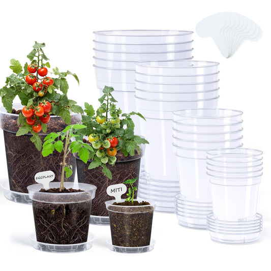 homenote 3/4/5/6 Inch Clear Nursery Pots 20 Pack with Drainage and Plant Saucers, Variety Pack Rigid High-Transparency Plastic Nursery Pots for Plants, Planter Nursery Pots with 10 Labels