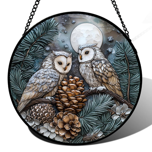 CRISGIF Stained Glass Window Hanging - Owl On A Tree Suncatcher for Doors Garden Patio Winter Scene Sun Catchers Decor Christmas Mother's Day Birthday Gifts for Women Men Mom Nana Friend 6.3 in