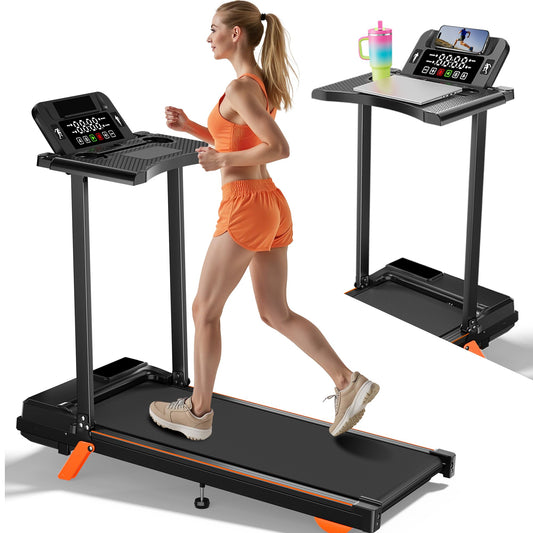 12% Incline Treadmill with Desk Workstation, 8.0MPH/3.5HP Portable Treadmill with Handle, 300LBS Weight Capacity Compact Walking Pads for Home, Small Spaces, Console (with Side Handrail)