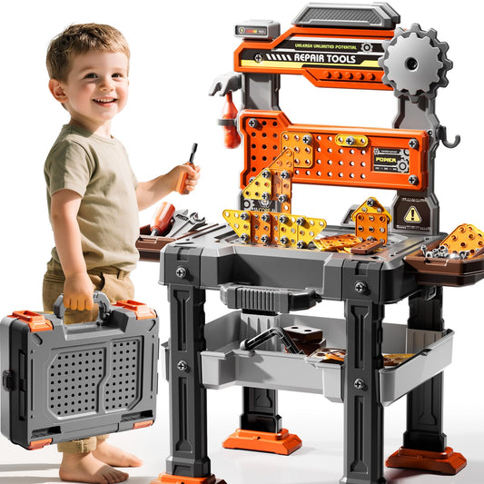 DULONIME 2 in 1 Workbench Tools Toys Set with Sound for Toddlers Aged 3-5, 145 PCS Educational Construction Mechanic Toolbox for Boys Girls, Pretend Play Toys Birthday Gift for Kids 3 4 5 6 Years Old