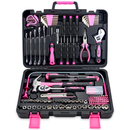 KOOPOOL 159 Piece Pink Tool Set, Tool Kit for Women, General Household pink tool kit for Home Auto Repair, Basic Mechanic Tool Box, with Storage Case