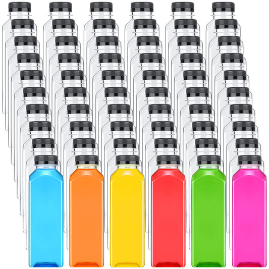 Xinnun 200 Pcs Plastic Juice Bottles with Caps Square Empty Clear Water Bottles Bulk Drinking Beverage Containers Reusable Empty Juicing Refillable PET Flasks with Lids for Drinks Smoothie(8oz,Black)