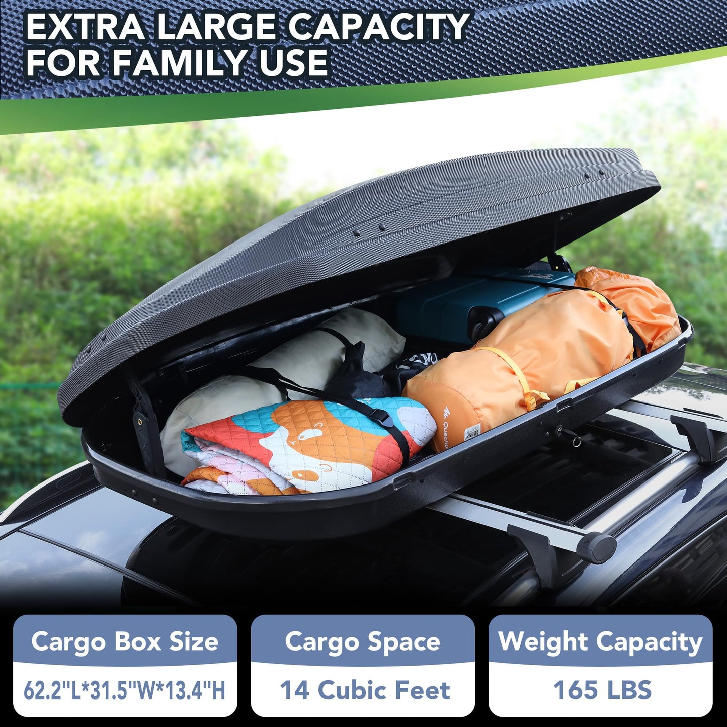 Rooftop Cargo Box Carrier, 165-Lbs Load Capacity Hard Shell Roof Box with Secure Straps&Keys for Roof Rack, 390L(14 Cu Ft) Weather-Resistant Roof Rack Cargo Box