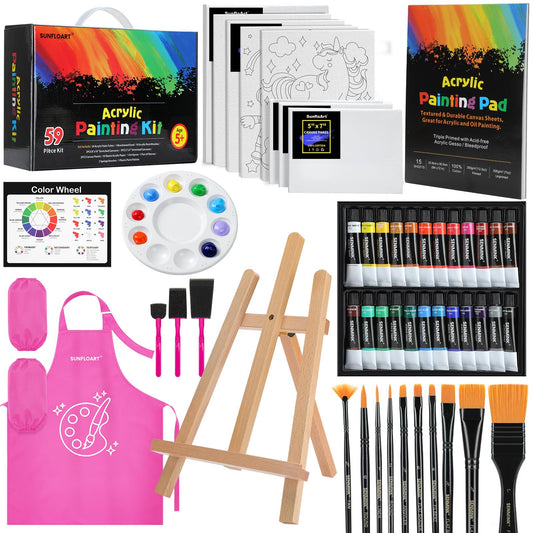 59pcs Acrylic Paint Set - Art Supplies Kit With 24 Non-Toxic Paints, Easel, Brushes, Canvas for Kids, Artists and Beginners, Pink
