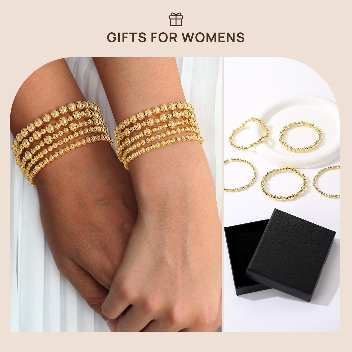 Yoosteel Gold Beaded Bracelets Set for Women - 14k Gold Plated Dainty Round Beaded Bracelet for Women Simplicity Stackable Jewelry Gifts（5 Pcs）