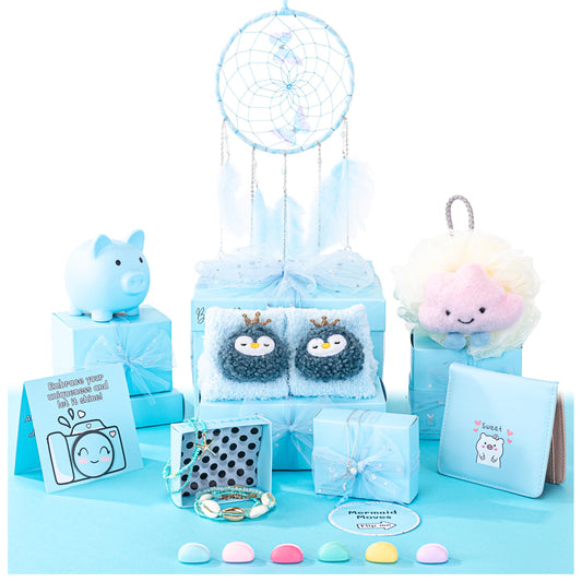 HAPPY LOLLI Blue LolliBox Gift Set for Tween & Teen Girls Ages 8–15, Birthday Gift Box, Ready-to-Gift Surprise Box with 8 Individually Wrapped Gifts & Empowering Challenges