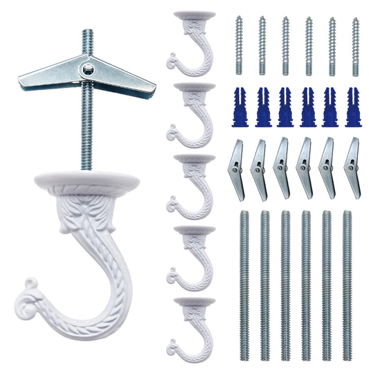 NACETURE E Style Ceiling Hooks for Hanging Plants- 6 Pcs Vintage Style Ceiling Plant Hanger Hooks Outdoor or Indoor- Sturdy Plant Hooks for Hanging Lights, Flower Baskets and More (White 6 Pack)
