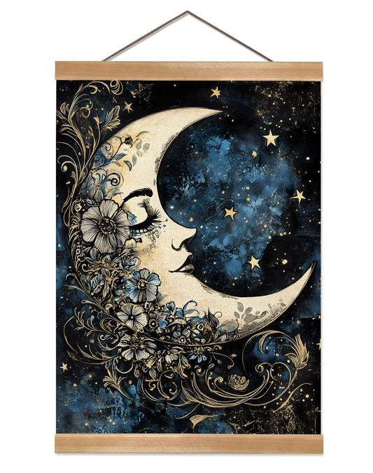 ZTGDA Moon Wall Art Decor– Vintage Hanging Wall Painting Abstract Poster with Solid Wood Frame, Boho Wall Decor,Mystical Celestial Floral Poster for Bedroom, Office(Moon)