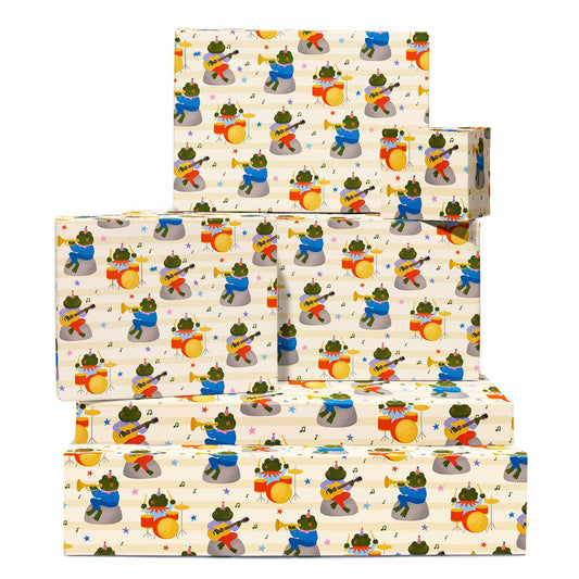 CENTRAL 23 Beige Halloween Wrapping Paper - 6 Sheets with Frogs Playing Musical Instruments - Birthday Wrap for Boys, Girls & Music Fans - Christmas Festivities, School Events