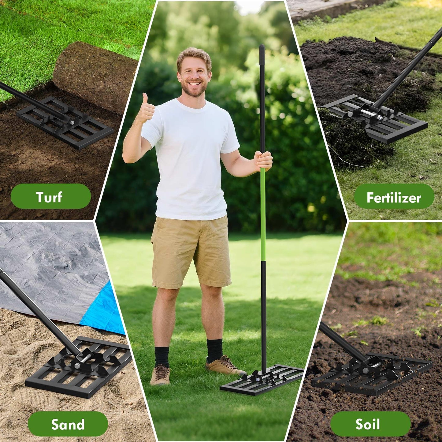 Seeutek Lawn Leveling Rake, 17” x 10” Lawn Leveler with 6.5FT Stainless Steel Handle Rakes for Lawns, 0-180° Adjustable Ground Leveler Tool for Yard, Level Soil Sand Dirt Surfaces