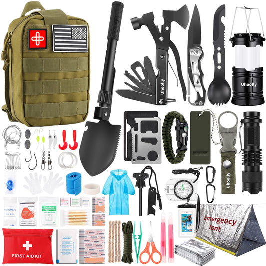 Survival Kit, Gifts for Men Women Teen Boys, Includes 252pcs Survival Gear Mini First Aid Kit for Car, Large Capacity Emergency Kit with Molle System for Earthquake, Outdoor Adventure, Travel(Green)