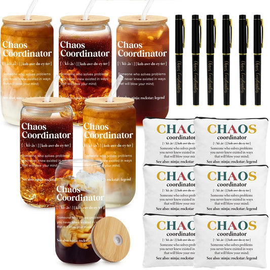6 Set Employee Appreciation Gifts Bulk, Chaos Coordinator Gifts for Coworker Staff Teacher Nurses, Thank You Glasses Cups 16 oz Can Shaped Beer Glass Makeup Bag Ballpoint Pen for Women Men