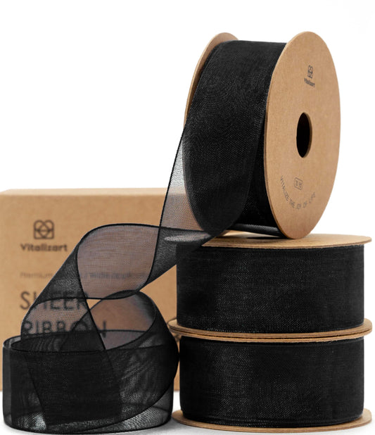 Vitalizart Black Ribbon Organza Sheer Ribbon 1 inch x 30Yd Handmade Fabric Ribbons for Gift Wrapping Christmas Tree Crafts Bows Wedding Invitations Wreaths Wrap