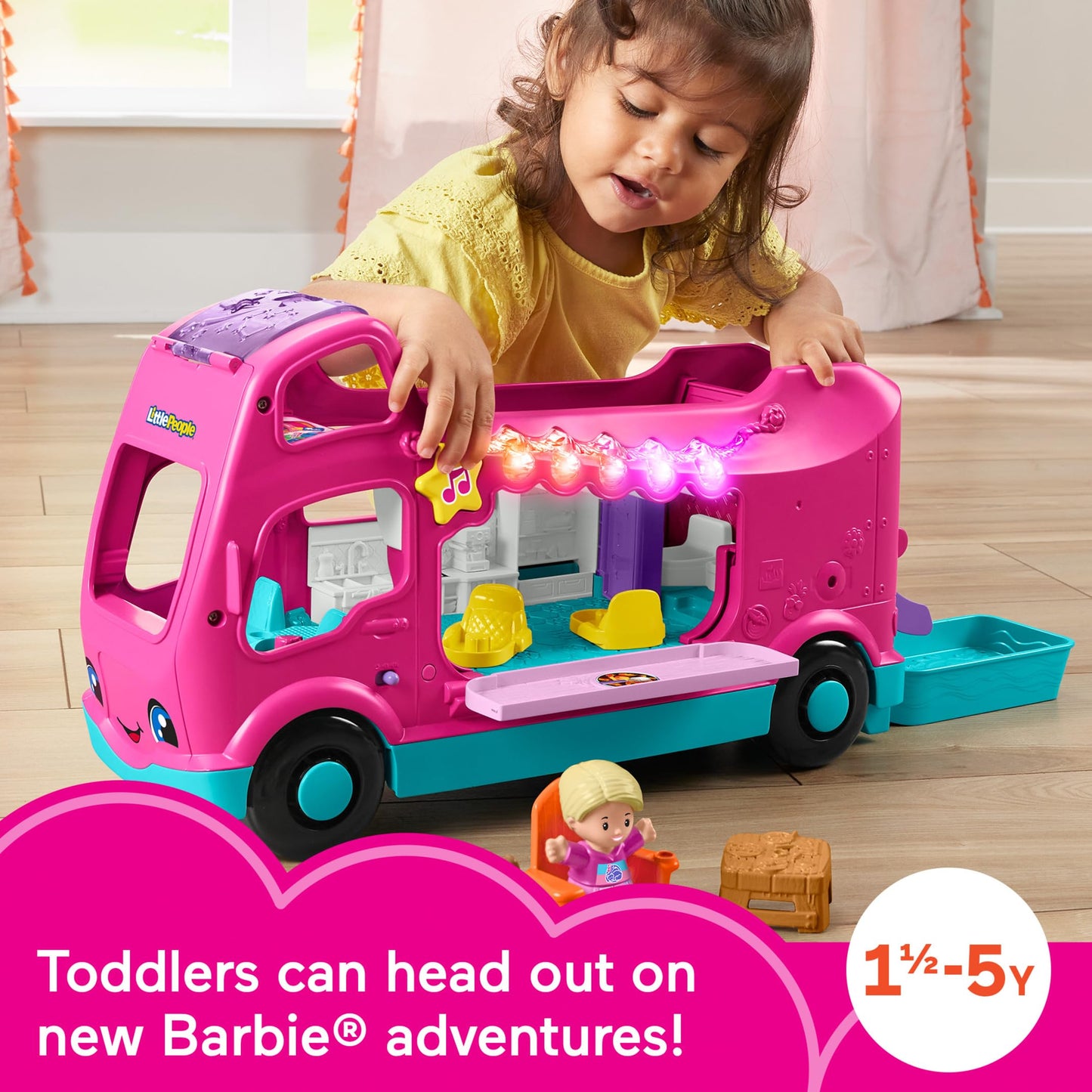 Fisher-Price Little People Toddler Toy Barbie Dreamcamper RV Playset with Music Lights & Figures for Pretend Play Kids Ages 18+ Months