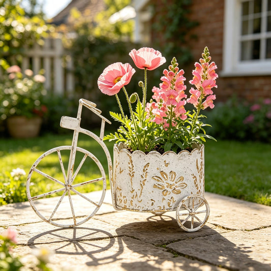 Vintage Bicycle Planter - Rustic Distressed White Metal Wheelbarrow Flower Pot with Embossed Floral Design, Decorative Indoor Outdoor Bicycle Plant Stand for Succulents Herbs Small Plants (White)