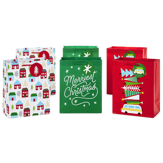 Hallmark 9" Medium Christmas Gift Bag Bundle (Pack of 6; Little Houses and Trees, MerriestChristmas, Vintage Van with ChristmasTrees) - 5XGB4890