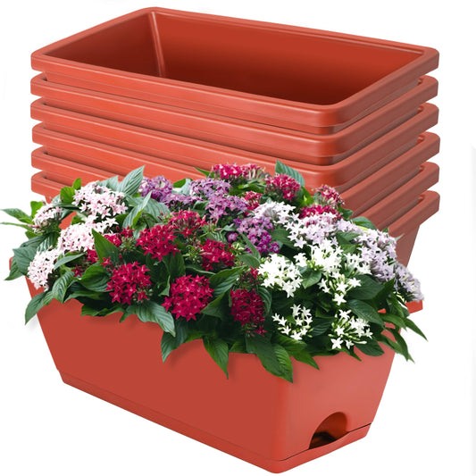 LOCONHA Window Box Planter, Plastic Vegetable Flower Planters Boxes 17 Inches Rectangular Flower Pots with Saucers for Indoor Outdoor Garden, Patio, Home Decor (7, Brick Red)