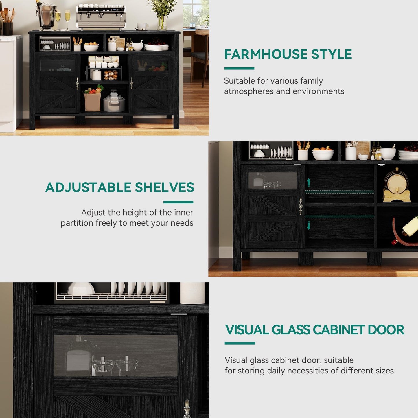 YITAHOME 55'' Farmhouse Buffet Cabinet with Storage, Large Sideboard Cabinet with 2 Doors & Open Storage, Versatile Coffee Bar Table for Kitchen & Living Room (Black)