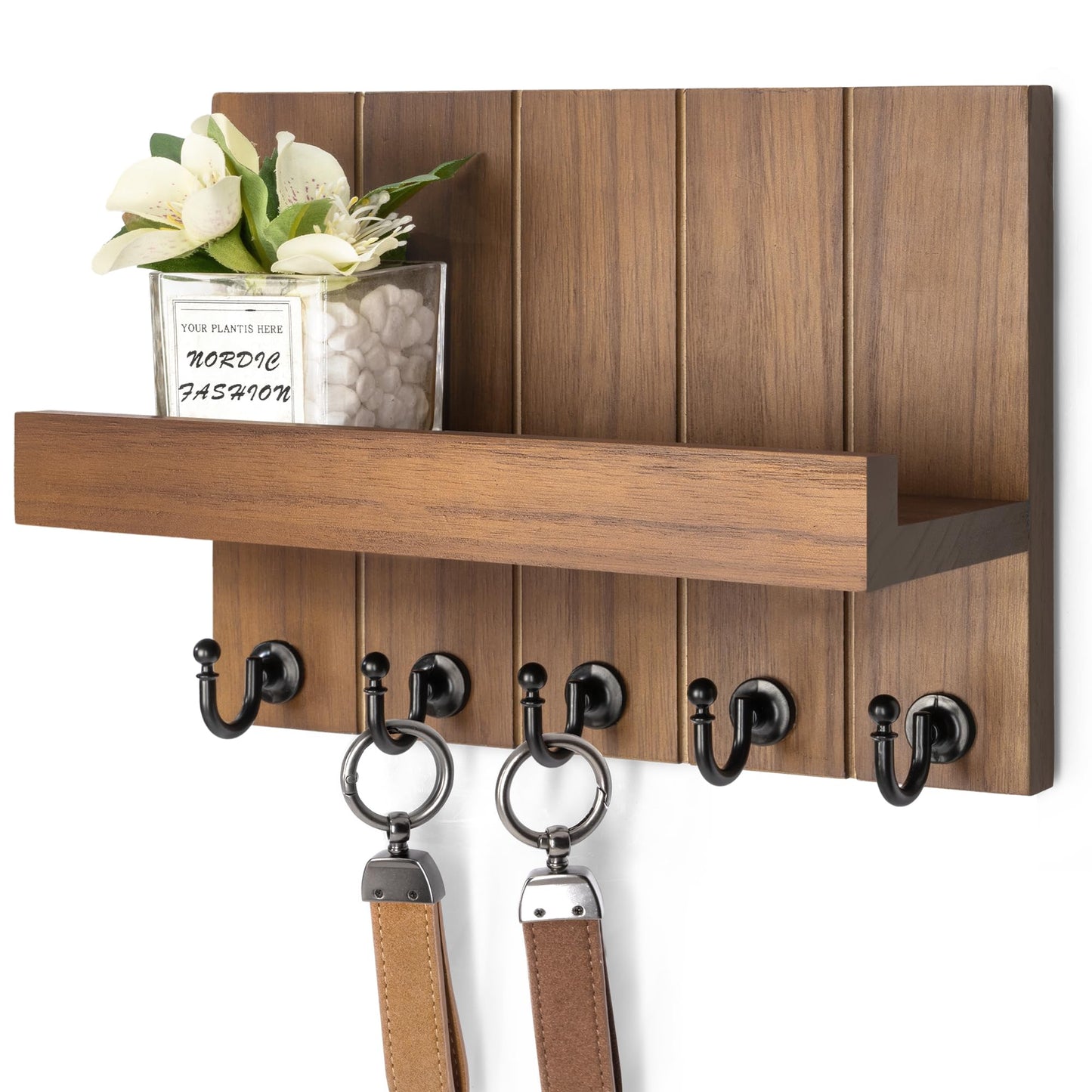 Rebee Vision Decorative Key Holder Wall Mount - Rustic Key Holder for Wall with Shelf and Mail Organizer for Living Room Decor - Home Essentials for Home Improvement (Brown, 3.54" x 10" x 7.28")