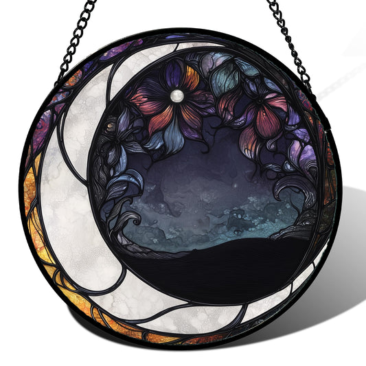 JOSUMALY Stained Glass Window Hanging - Black and White Moon Sun Catcher for Door Terrace Garden Home Decor, Abstract Plant Flower Suncatcher Birthday Gifts for Lovers Women Men Dad Mom Nana 15 in