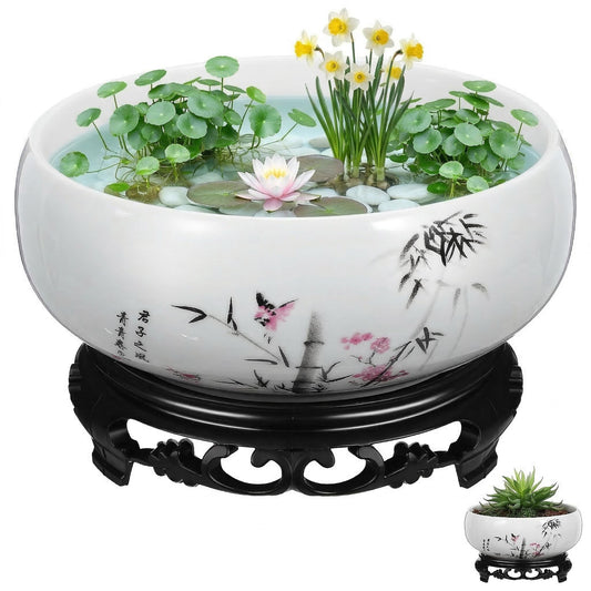 Veemoon Ceramic Lotus Bowl Planter, Small Hydroponic Pot with Base Vintage Water Lily Bowl - No Hole Chinese Lotus Flower Pot Bonsai Plant Pottery Container for Garden Home Office Decor, 6.8x3.93