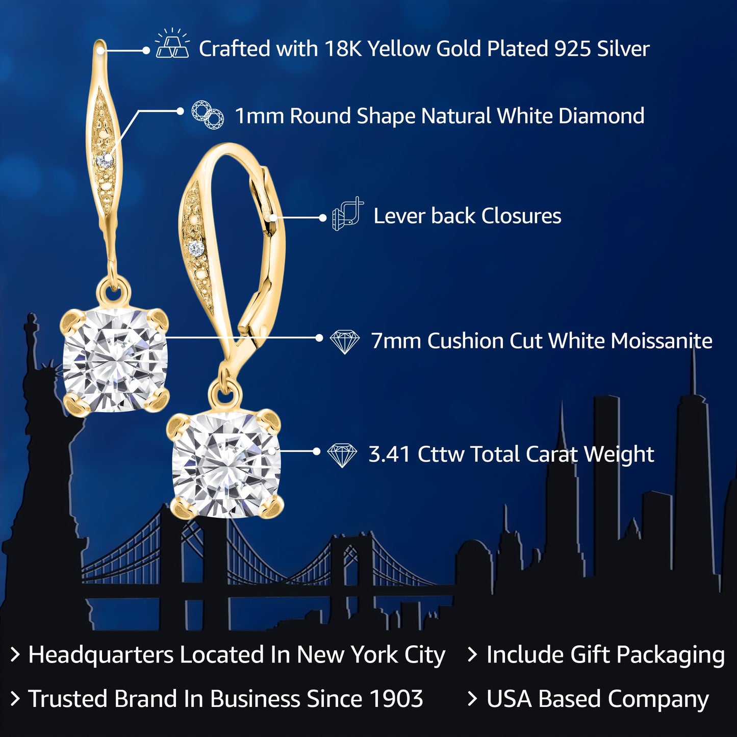 Gem Stone King Drop Dangle Earrings For Women | 7MM Cushion Cut Gemstone Birthstone and Diamond | 925 Sterling Silver | Jewelry Gift for Mom Wife Her | White Moissanite-April | Yellow Gold