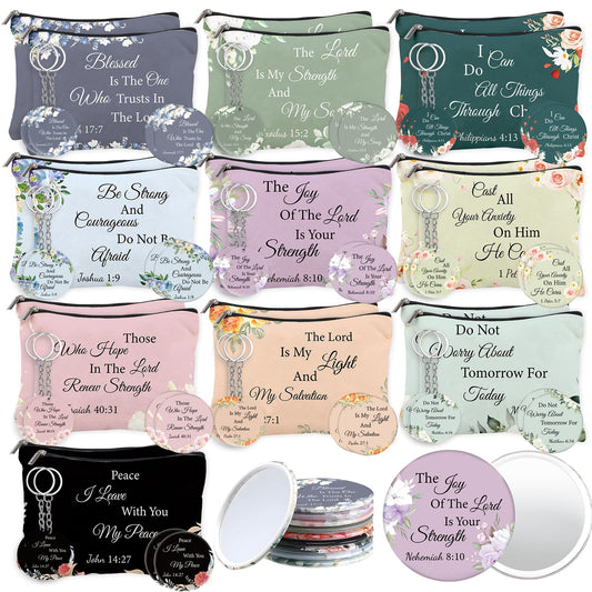 DONQTWAY 60 Pcs Christian Gifts Bulk for Women Christian Gifts Include 20 Bible Verse Canvas Makeup Bags 20 Mini Mirror 20 Bible Inspirational Keychains for Church Women Mother Appreciation Supplies