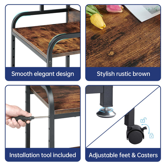 Fannova Printer Table Stand with Height Adjustable Shelf, 3 Tier Rolling Printer Cart with Wheels for Home Office Storage and Organization, Industrial Style