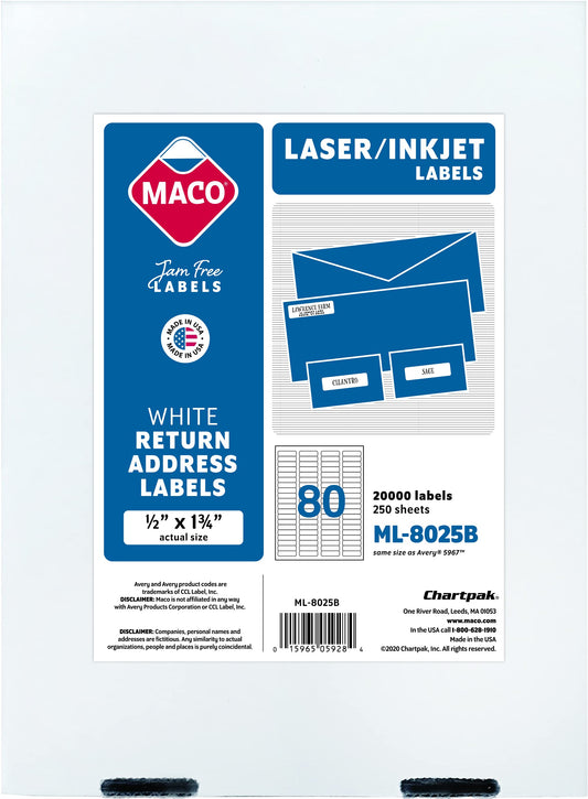 Printable Labels for Mailing - Laser/Ink Jet Compatible Shipping Address Return Labels, 80 per Sheet, 1/2 x 1-3/4", Box of 250 Pages/20000 Labels, White