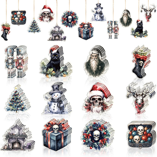 Thyle 24 Pcs Gothic Christmas Tree Ornaments Wooden Spooky Xmas Hanging Decorations Skeleton Santa Claus Snowman Elk Wood Cutouts Ornaments with Ropes for Christmas Tree Holiday Party Decor