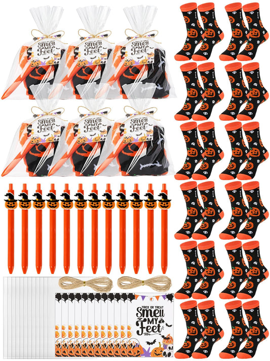 Chicingyou 12 Sets Halloween Socks and Pens Gifts Set Pumpkin Sock Halloween Ballpoint Pen Card Party Favor Bag for Holiday