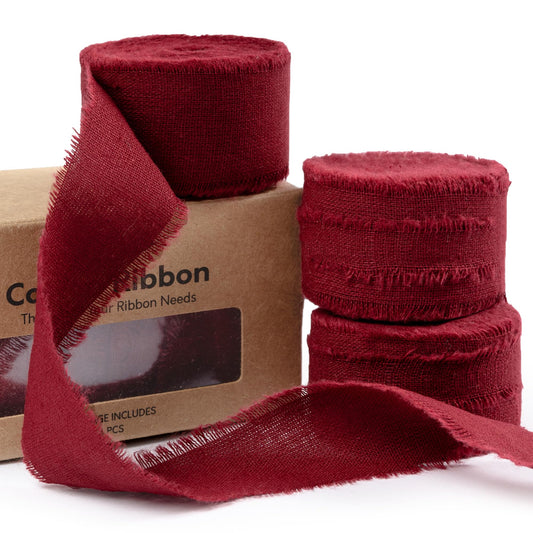 Keypan Burgundy Ribbon 1" x 15 Yards with Frayed Fringe Fabric Cotton Ribbons for Gift Wrapping Wedding Invitations Flower Bouquet Baby Shower
