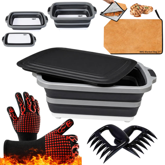 NCA - 5 piece BBQ Prep Tub, BBQ Blanket, Heat Resistant Grill Gloves (1472°F), Meat Claws | 21" Meat Resting Bag, Insulated Triple Layer | Foldable Cutting Board, Drain Plug | 2 pcs Chicken Shredder